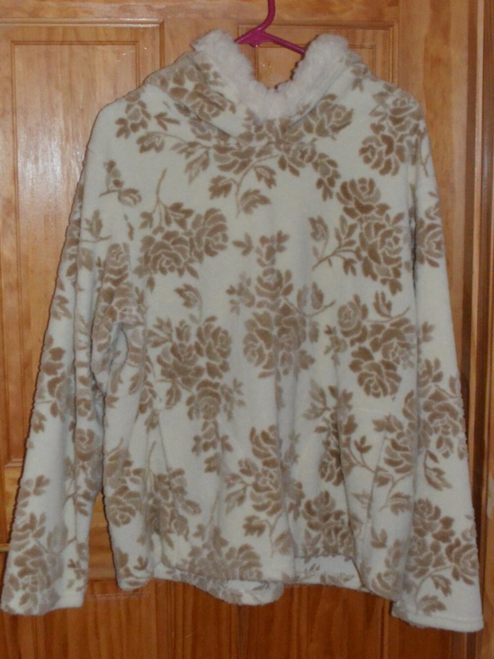 Coldwater Creek Hoodie Pullover Jacket Cream Beige Floral Faux Fur Trim XL Hood